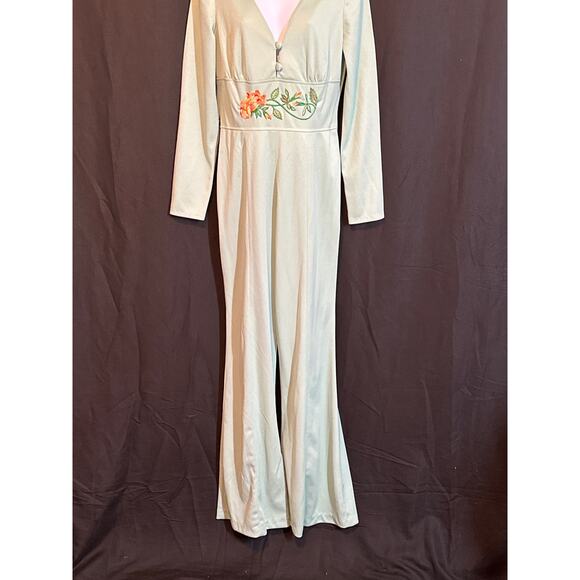ESTINO VTG 60/70’s Disco Retro Lime Embroidered Flowers Flare Leg Jumpsuit 13/14 - Picture 3 of 16